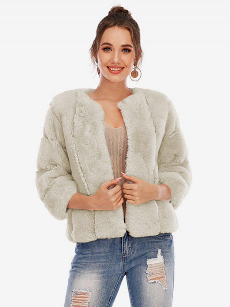 Manteau Fausse Fourrure Peluche Vêtements D'extérieur Courts D'hiver Pour Femmes - Beige