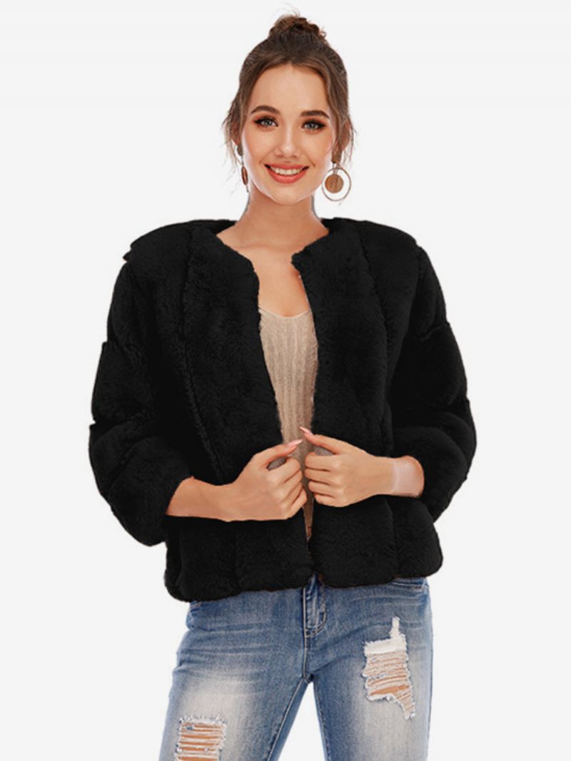 Manteau Fausse Fourrure Peluche Vêtements D'extérieur Courts D'hiver Pour Femmes - Noir