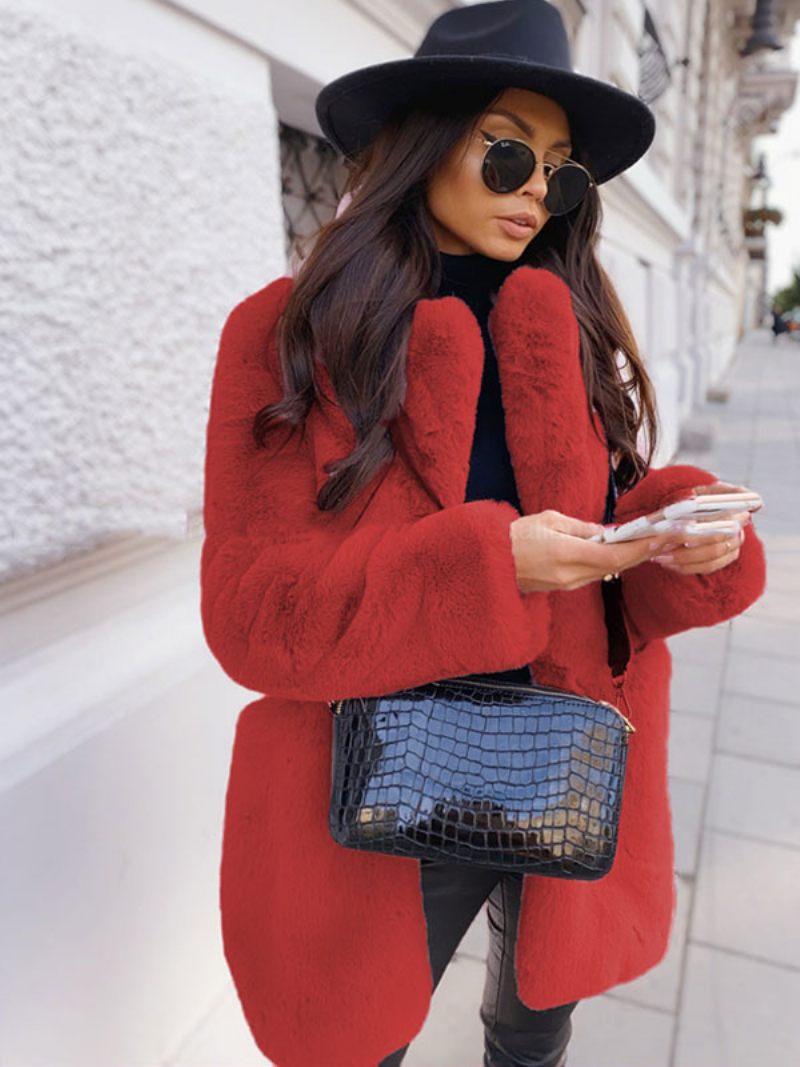 Manteau Fausse Fourrure Peluche Vêtements D'extérieur D'hiver Midi Pour Femmes - Rouge