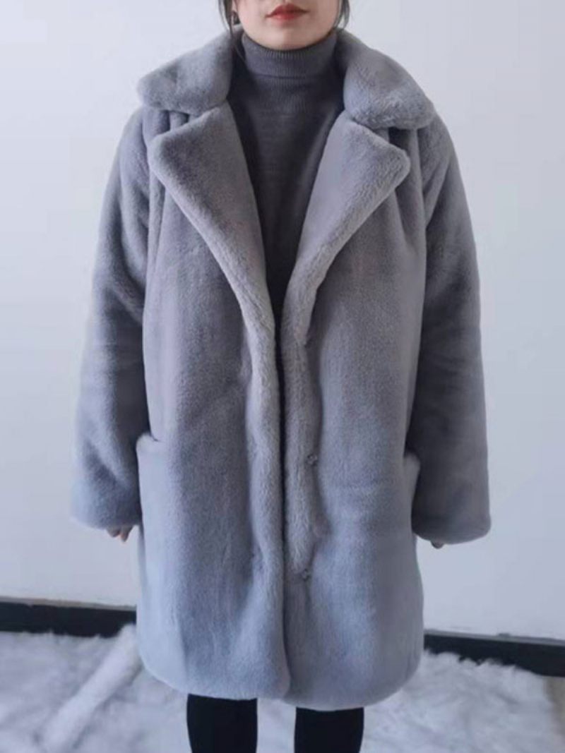 Manteau Fausse Fourrure Peluche Vêtements D'extérieur D'hiver Midi Pour Femmes - Gris