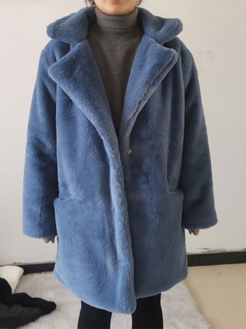 Manteau Fausse Fourrure Peluche Vêtements D'extérieur D'hiver Midi Pour Femmes - Bleu