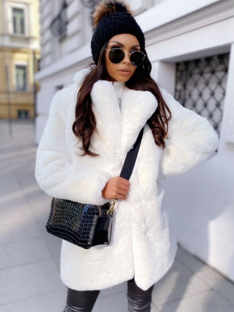 Manteau Fausse Fourrure Peluche Vêtements D'extérieur D'hiver Midi Pour Femmes - Blanc