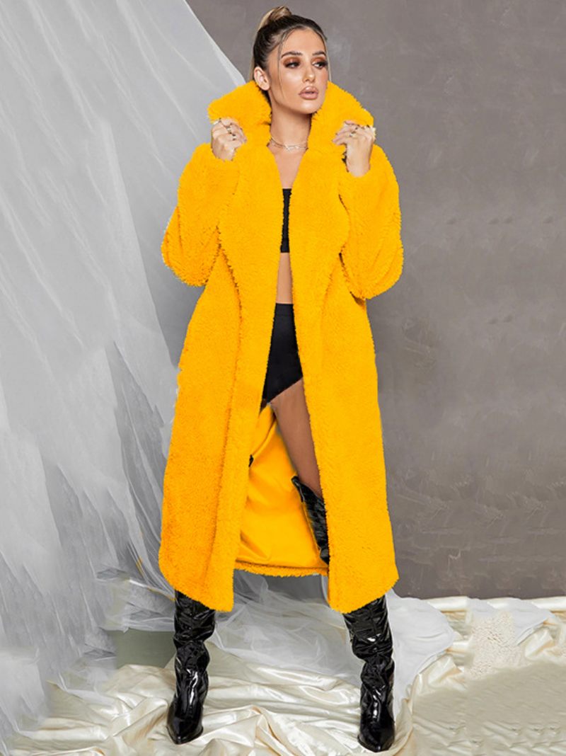 Manteau Fausse Fourrure Peluche Vêtements D'extérieur Longs D'hiver Pour Femmes - Jaune