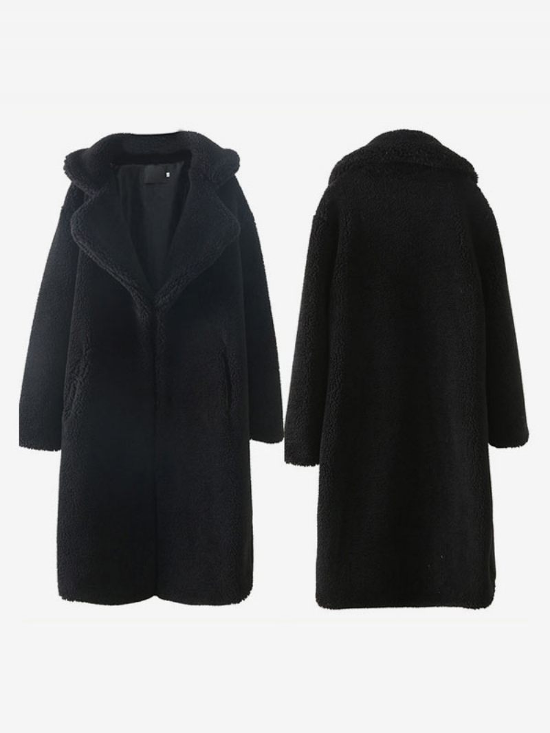 Manteau Fausse Fourrure Peluche Vêtements D'extérieur Longs D'hiver Pour Femmes - Noir