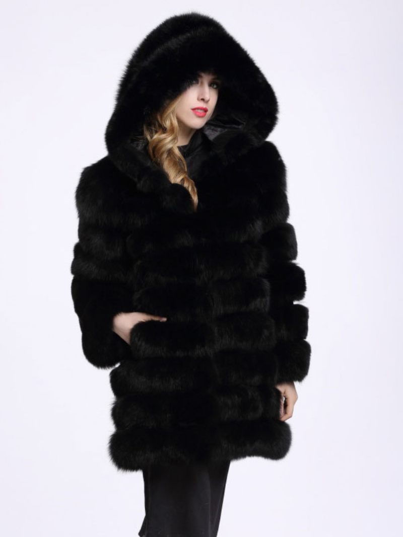 Manteau Fausse Fourrure Renard À Capuche Somptueux Vêtements D'extérieur D'hiver Pour Les Femmes - Noir