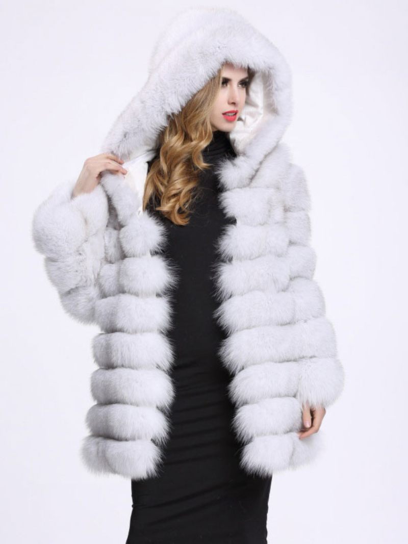 Manteau Fausse Fourrure Renard À Capuche Somptueux Vêtements D'extérieur D'hiver Pour Les Femmes - Blanc