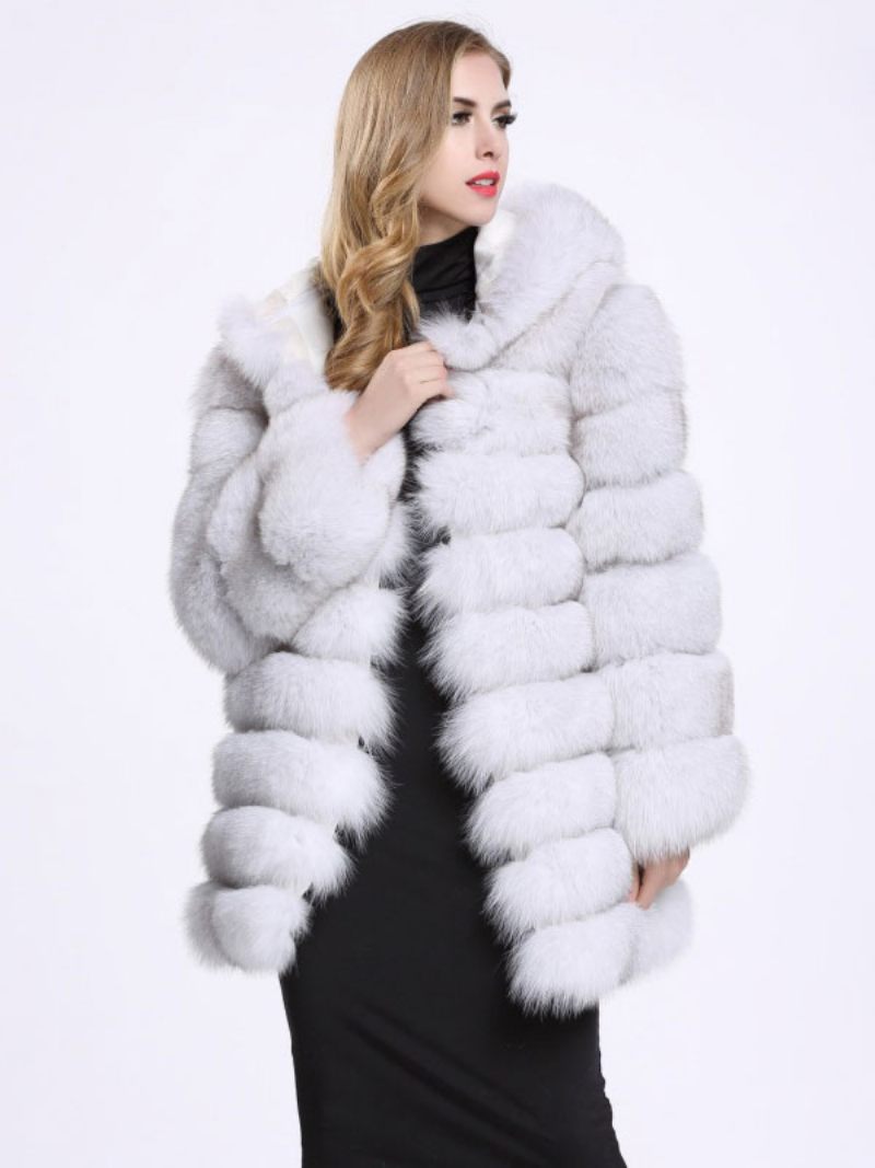 Manteau Fausse Fourrure Renard À Capuche Somptueux Vêtements D'extérieur D'hiver Pour Les Femmes - Blanc