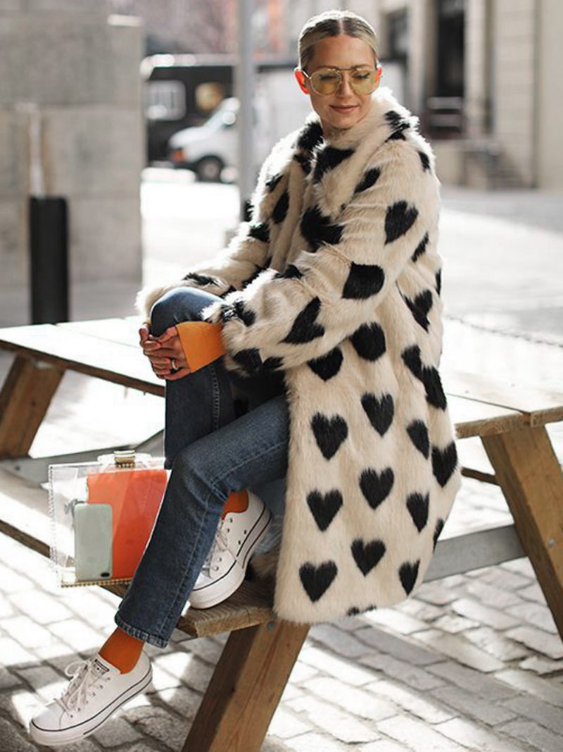 Manteau Flou À Col Coeur Imprimé Longline Fausse Fourrure Vêtements D'extérieur Pour Femmes - Blanc