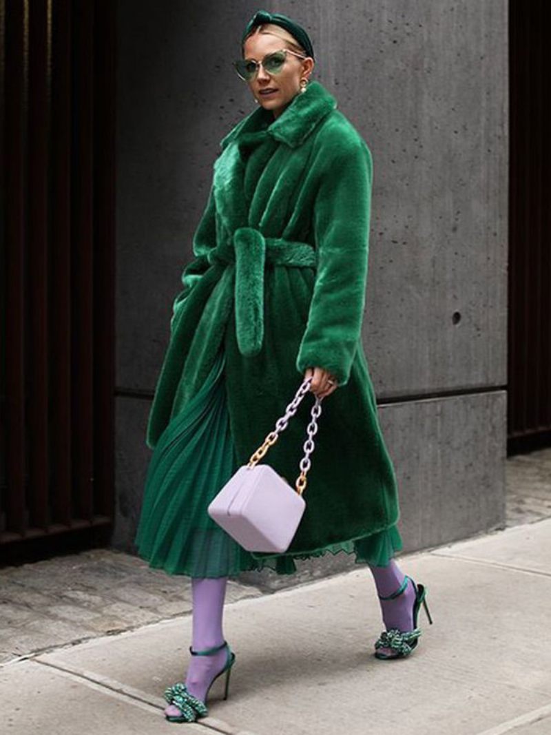 Manteau Long Flou Avec Revers Cranté Et Ceinture Vêtements D'extérieur Amples Pour Femmes - Vert