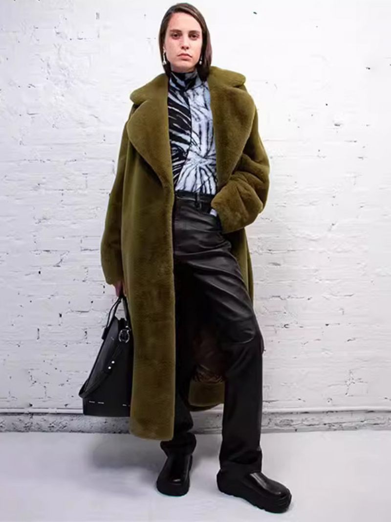 Manteau Long Flou Avec Revers Cranté Et Ceinture Vêtements D'extérieur Amples Pour Femmes - Vert Chasseur