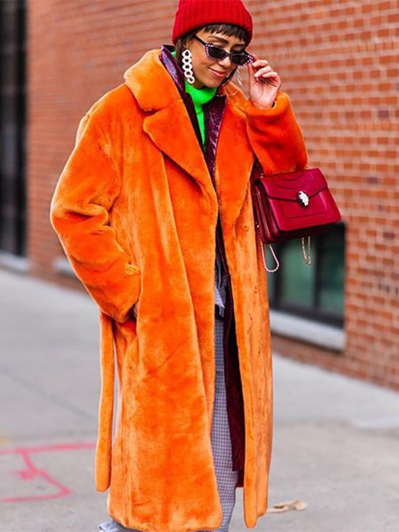 Manteau Long Flou Avec Revers Cranté Et Ceinture Vêtements D'extérieur Amples Pour Femmes - Orange