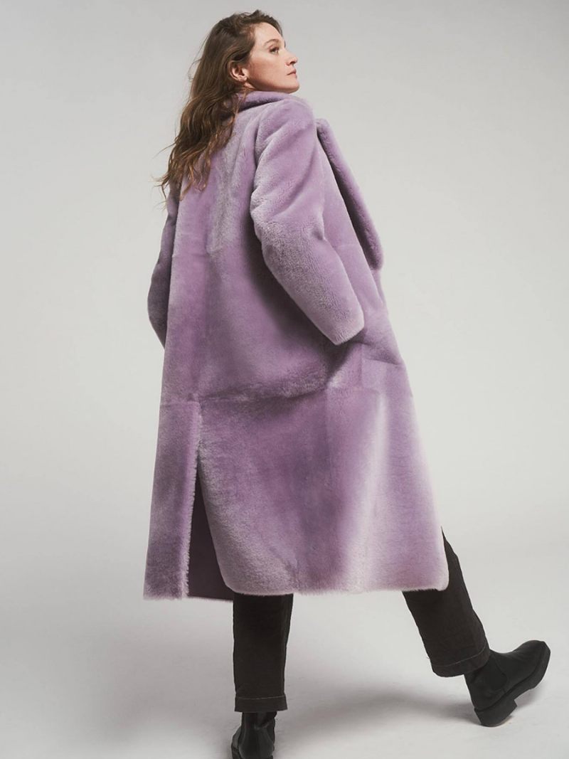 Manteau Peluche Long Avec Revers Cranté Et Poches Inclinées Vêtements D'extérieur Pour Femmes - Lavande