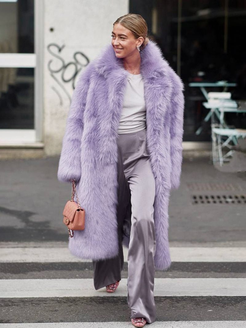 Manteau Pelucheux Pour Femmes Col Ouvert Sur Le Devant Couleur Unie Vêtements D'extérieur Fausse Fourrure - Violet