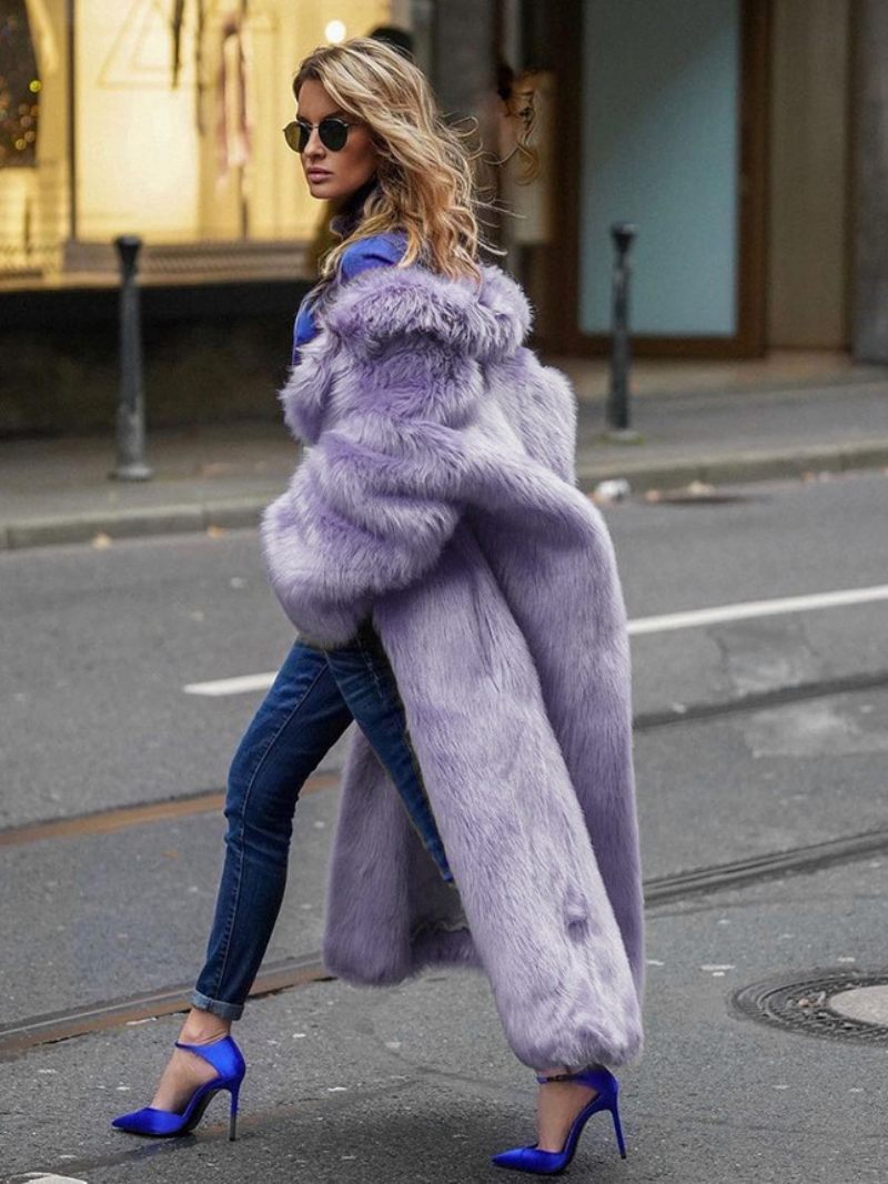 Manteau Pelucheux Pour Femmes Col Ouvert Sur Le Devant Couleur Unie Vêtements D'extérieur Fausse Fourrure - Violet