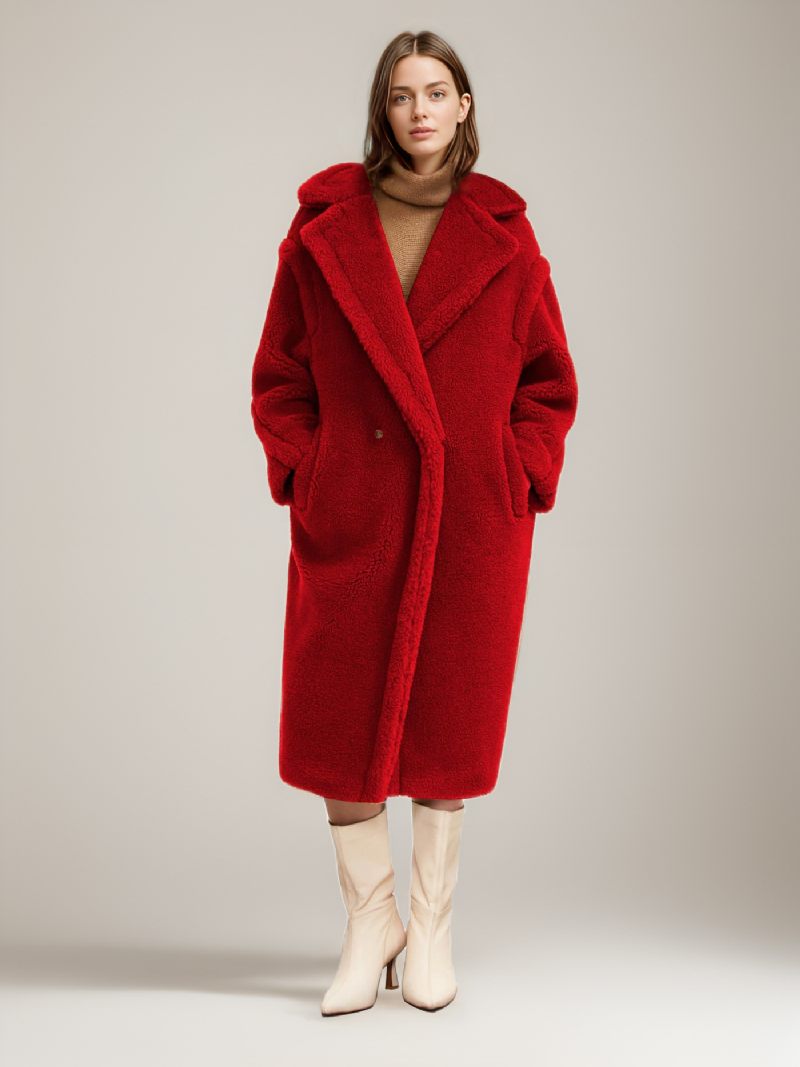 Manteau Teddy À Revers Cranté Pour Femme Vêtements D'extérieur Longs Fausse Fourrure - Rouge