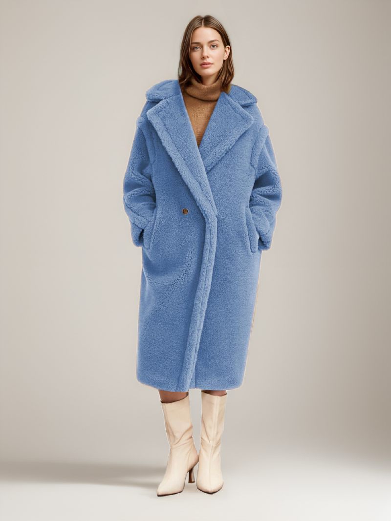 Manteau Teddy À Revers Cranté Pour Femme Vêtements D'extérieur Longs Fausse Fourrure - Bleu