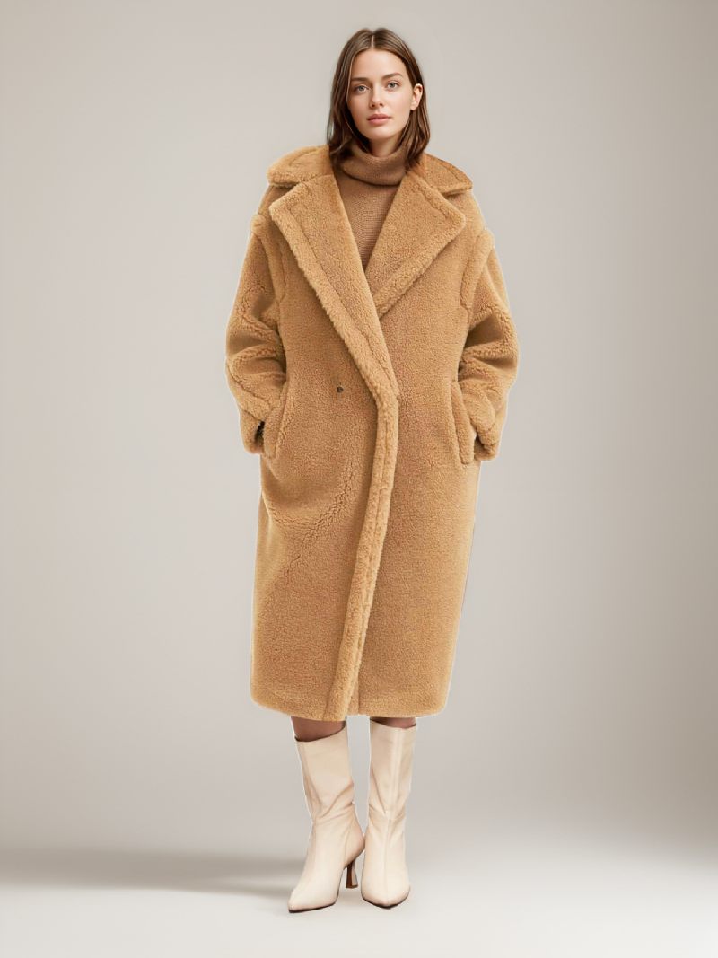 Manteau Teddy À Revers Cranté Pour Femme Vêtements D'extérieur Longs Fausse Fourrure - Camel