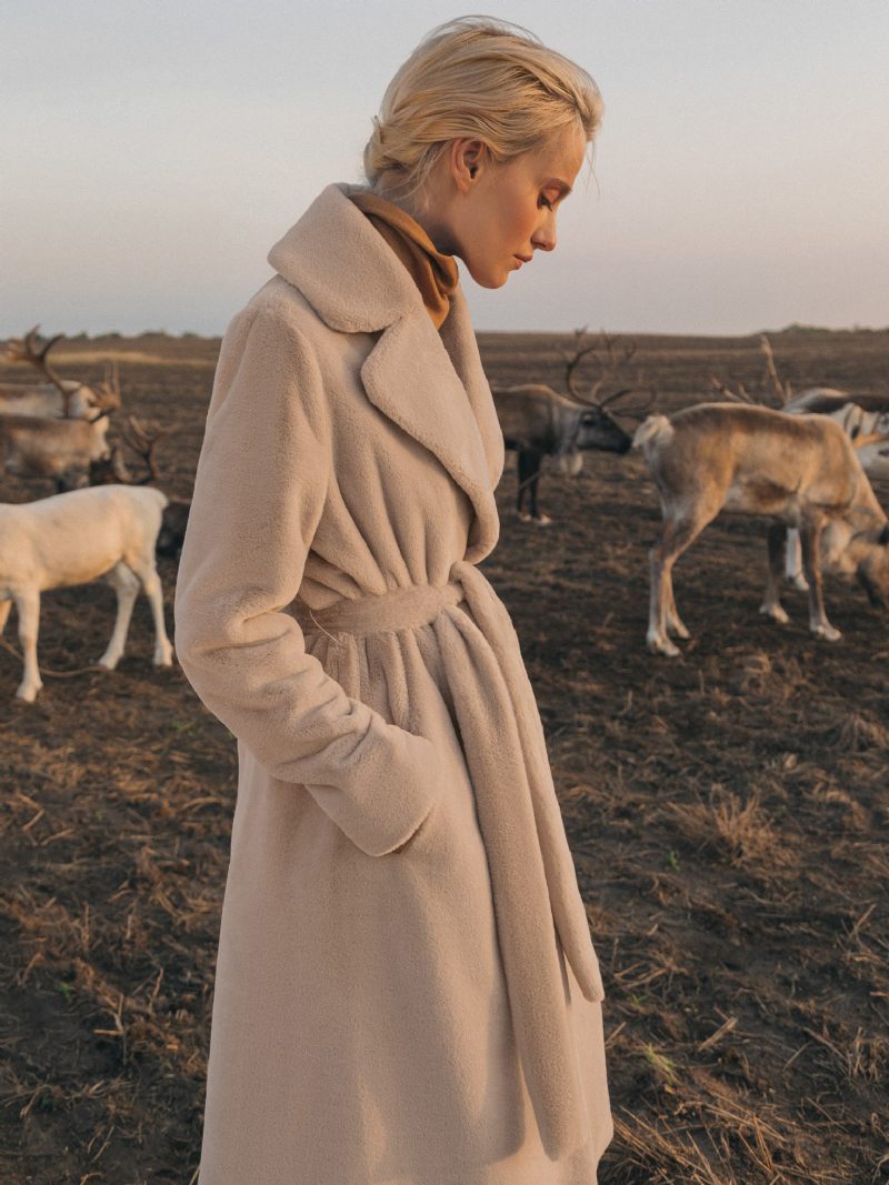 Manteaux Fausse Fourrure Avec Ceinture Pour Femmes Vêtements D'extérieur Chauds D'hiver 2024 - Beige