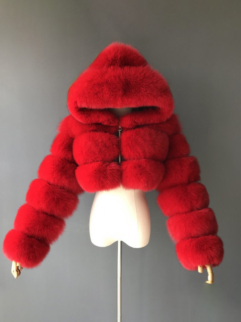 Manteaux Fausse Fourrure Blanche Veste Courte À Capuche Vêtements D'extérieur D'hiver Pour Femmes - Rouge