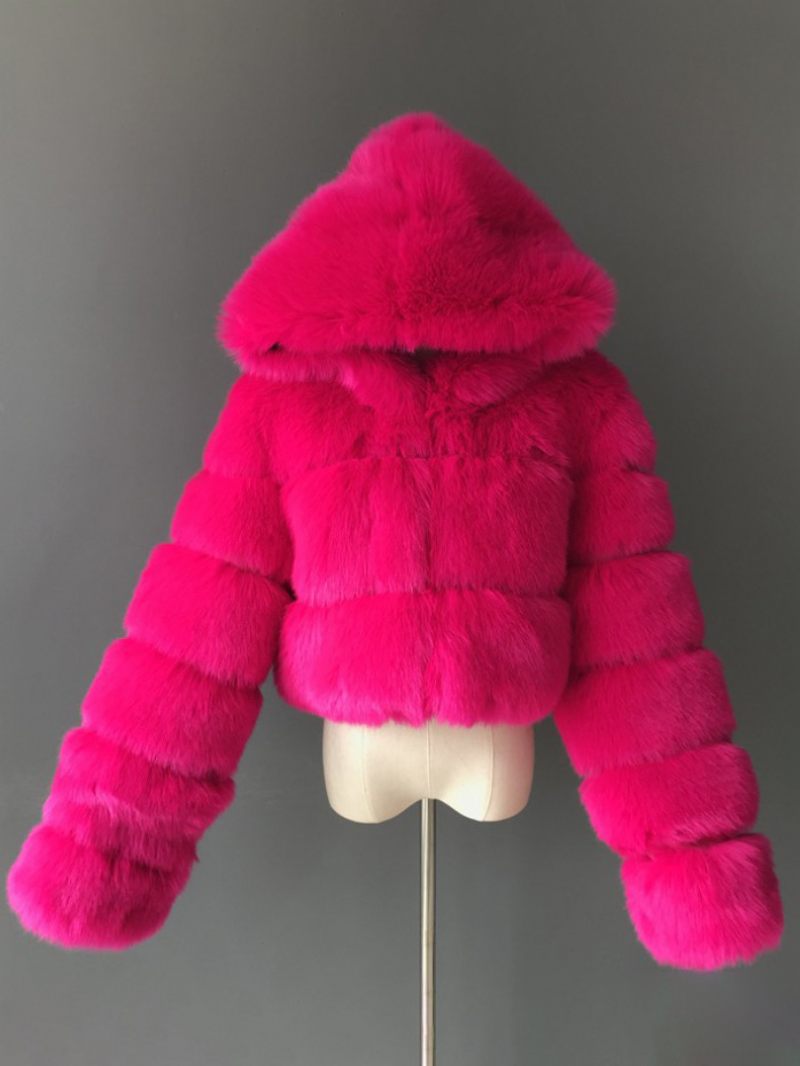 Manteaux Fausse Fourrure Blanche Veste Courte À Capuche Vêtements D'extérieur D'hiver Pour Femmes - Rose