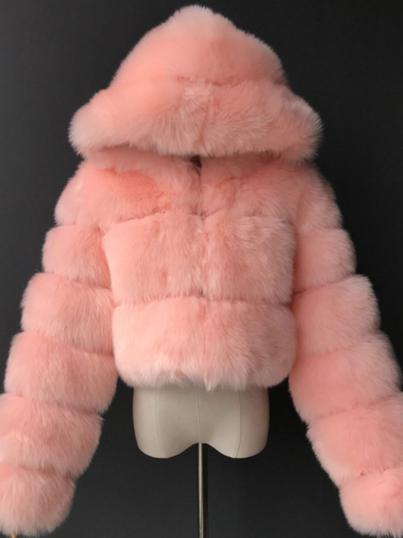 Manteaux Fausse Fourrure Blanche Veste Courte À Capuche Vêtements D'extérieur D'hiver Pour Femmes - Rose