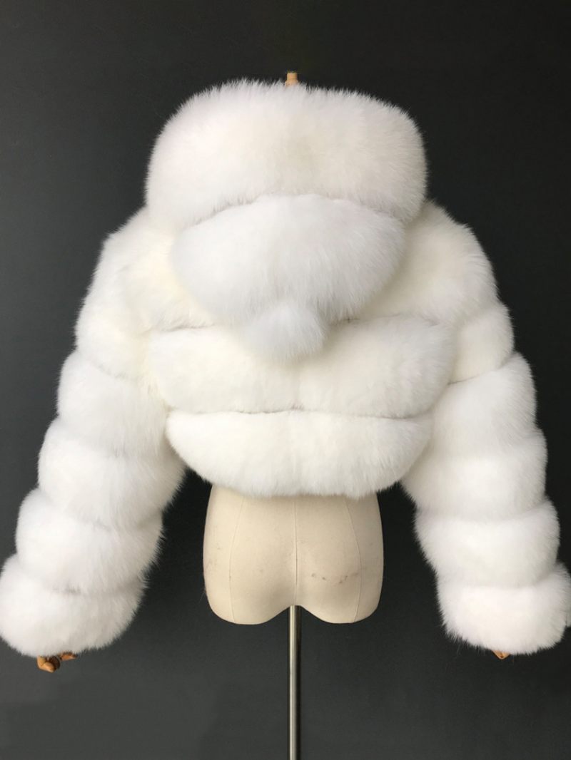 Manteaux Fausse Fourrure Blanche Veste Courte À Capuche Vêtements D'extérieur D'hiver Pour Femmes - Blanc