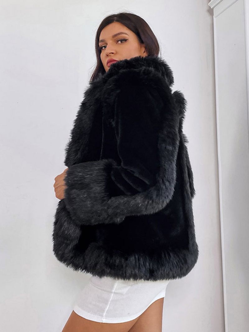 Manteaux Fausse Fourrure Col Montant Vêtements Sortie D'hiver Noirs Pour Femmes - Noir