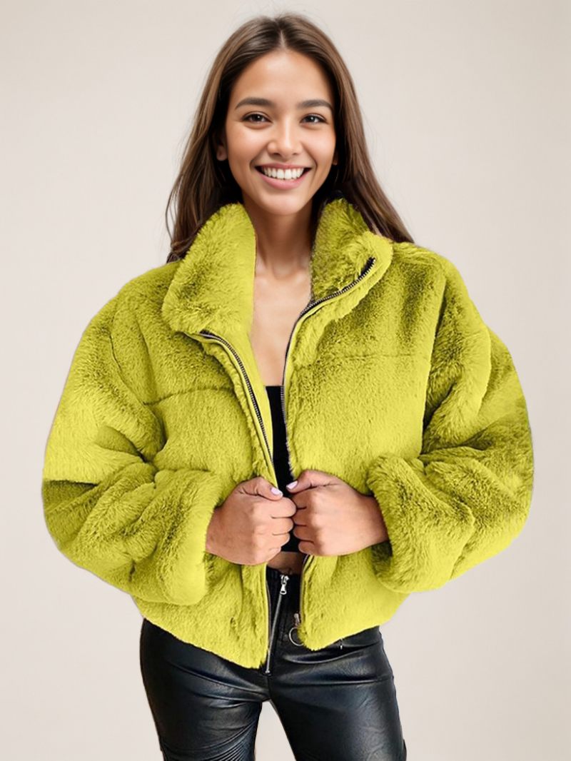 Manteaux Fausse Fourrure Pour Femmes Col Montant Vêtements D'extérieur D'hiver - Jaune