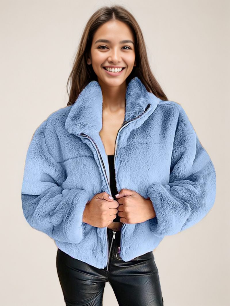 Manteaux Fausse Fourrure Pour Femmes Col Montant Vêtements D'extérieur D'hiver - Bleu Ciel Clair