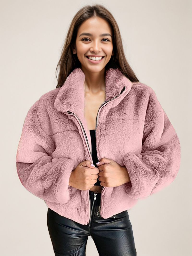 Manteaux Fausse Fourrure Pour Femmes Col Montant Vêtements D'extérieur D'hiver - Rose