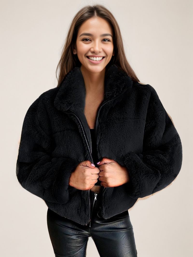 Manteaux Fausse Fourrure Pour Femmes Col Montant Vêtements D'extérieur D'hiver - Noir