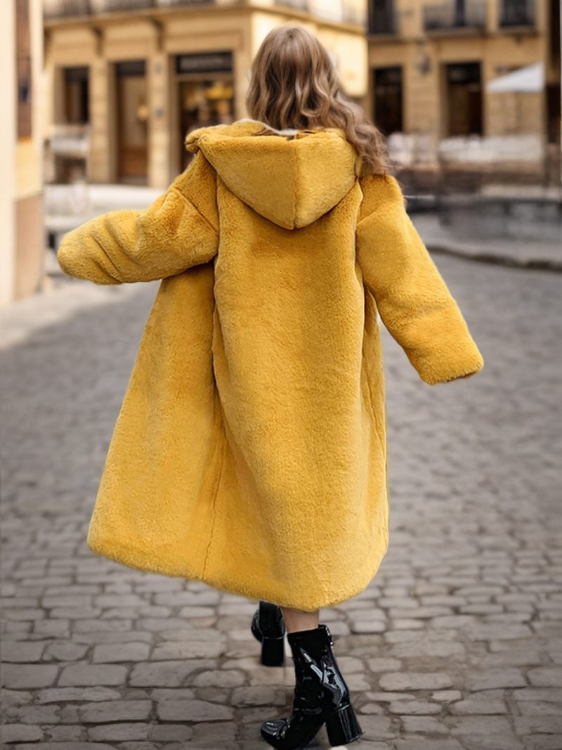 Manteaux Fausse Fourrure Pour Femmes Long Manteau D'hiver Rose À Capuche 2024 - Jaune