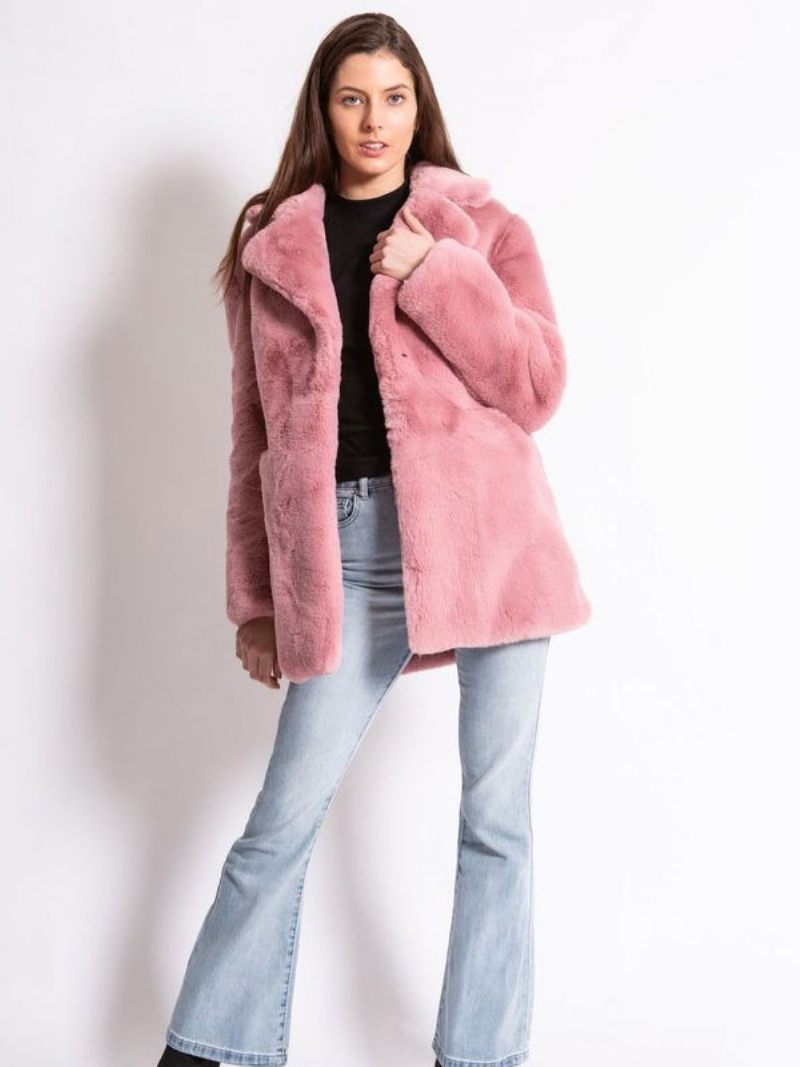 Manteaux Fausse Fourrure Pour Femmes Manches Longues Col Rabattu Décontracté Manteau D'hiver Rose - Rose