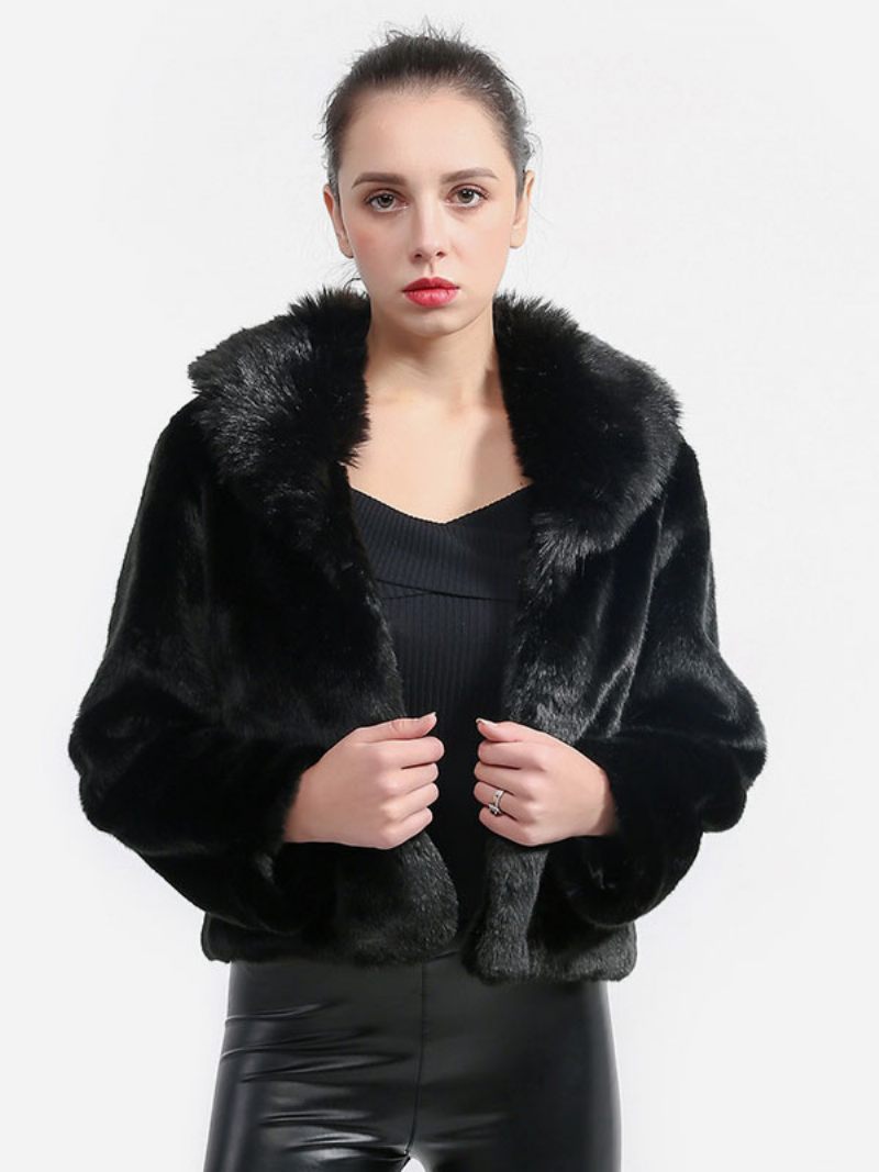 Manteaux Fausse Fourrure Pour Femmes Manches Longues Col Rabattu Vêtements D'extérieur Courts D'hiver - Noir