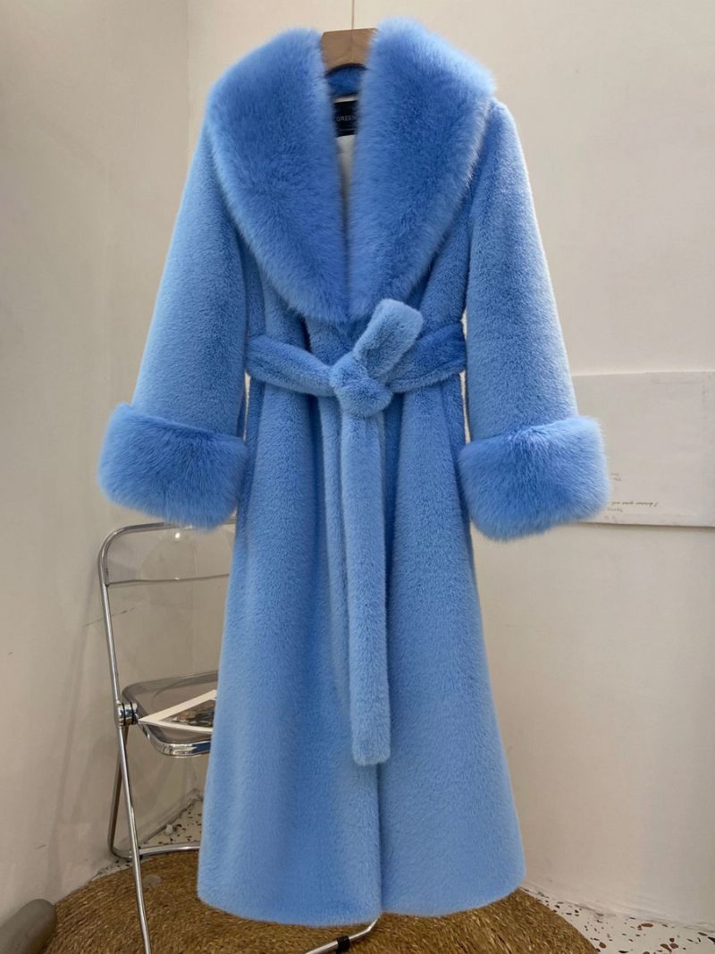 Manteaux Fausse Fourrure Pour Femmes Manteau D'hiver Bleu À Manches Longues Et Taille Surélevée - Bleu