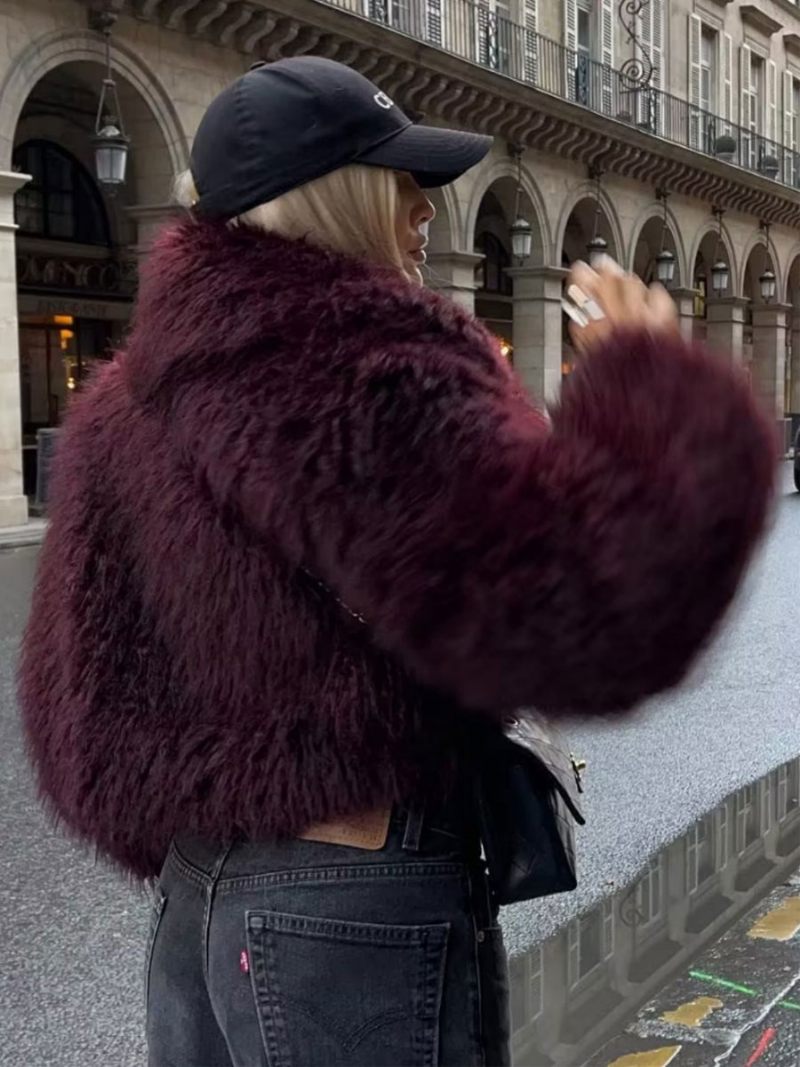 Manteaux Fausse Fourrure À Manches Longues Vêtements D'extérieur D'hiver Ouverts Sur Le Devant Pour Femmes - Bourgogne