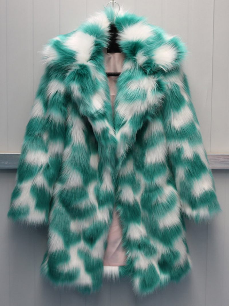 Two-one Fuzzy Coat Revers Manches Longues Manteau Fausse Fourrure Pour Femme - Vert