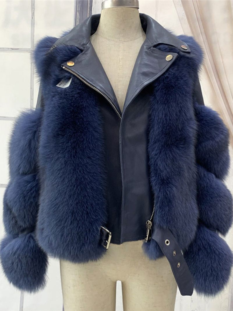 Veste Fausse Fourrure Pour Femme Manteau Chaud D'hiver Vêtements D'extérieur 2024 - Bleu Marine Foncé