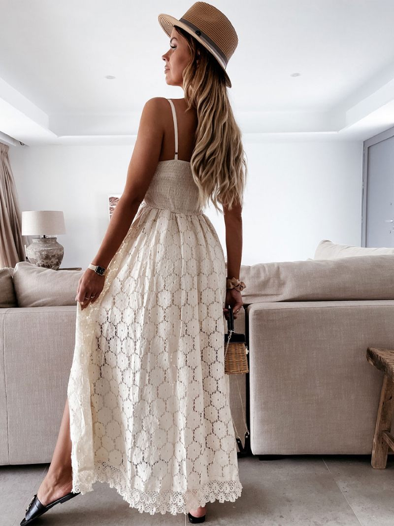 Robe Boho Dentelle D'anniversaire Bretelles Col V Blanche Longue Barboteuse D'été Pour Femmes - Blanc