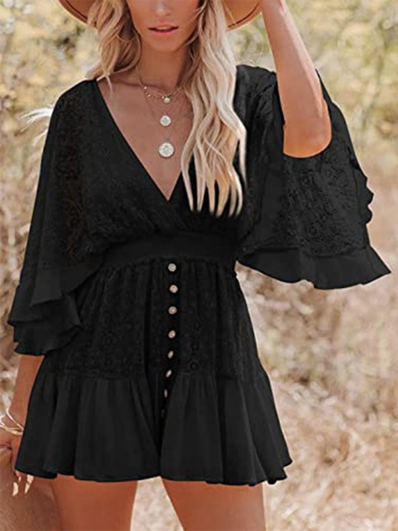 Robe Boho Dentelle Col V Chauve-souris Mini Évasée Blanche Pour Femmes - Noir