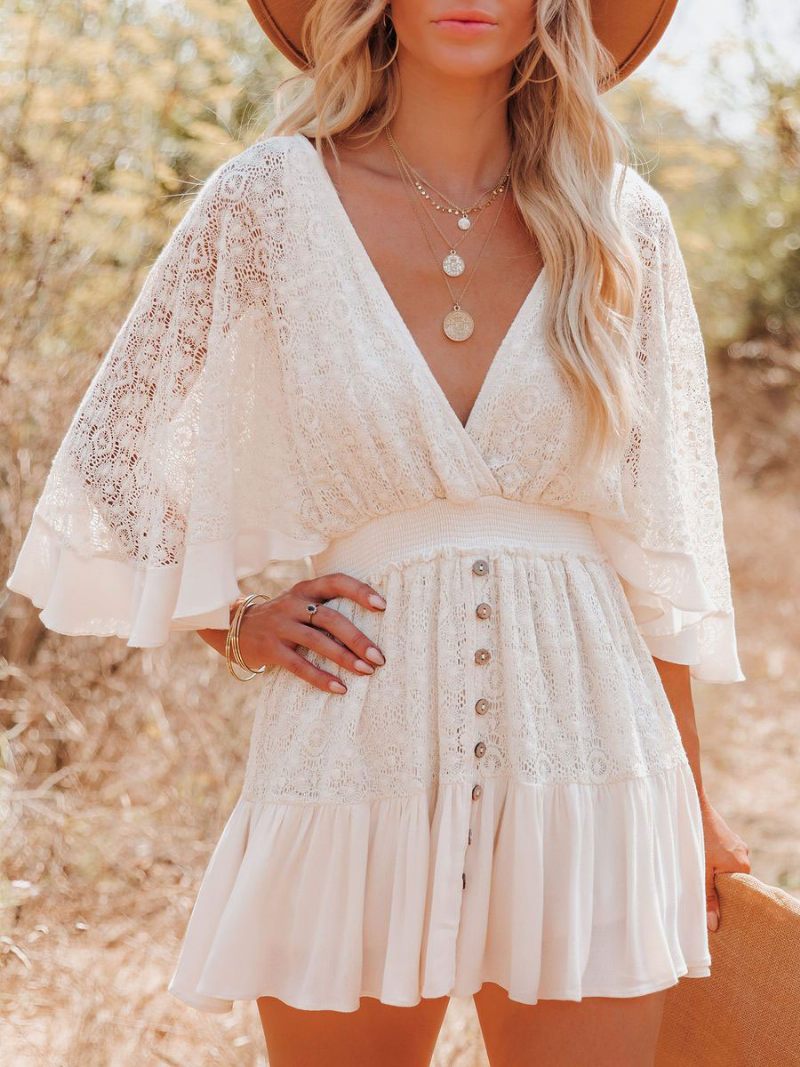 Robe Boho Dentelle Col V Chauve-souris Mini Évasée Blanche Pour Femmes - Blanc