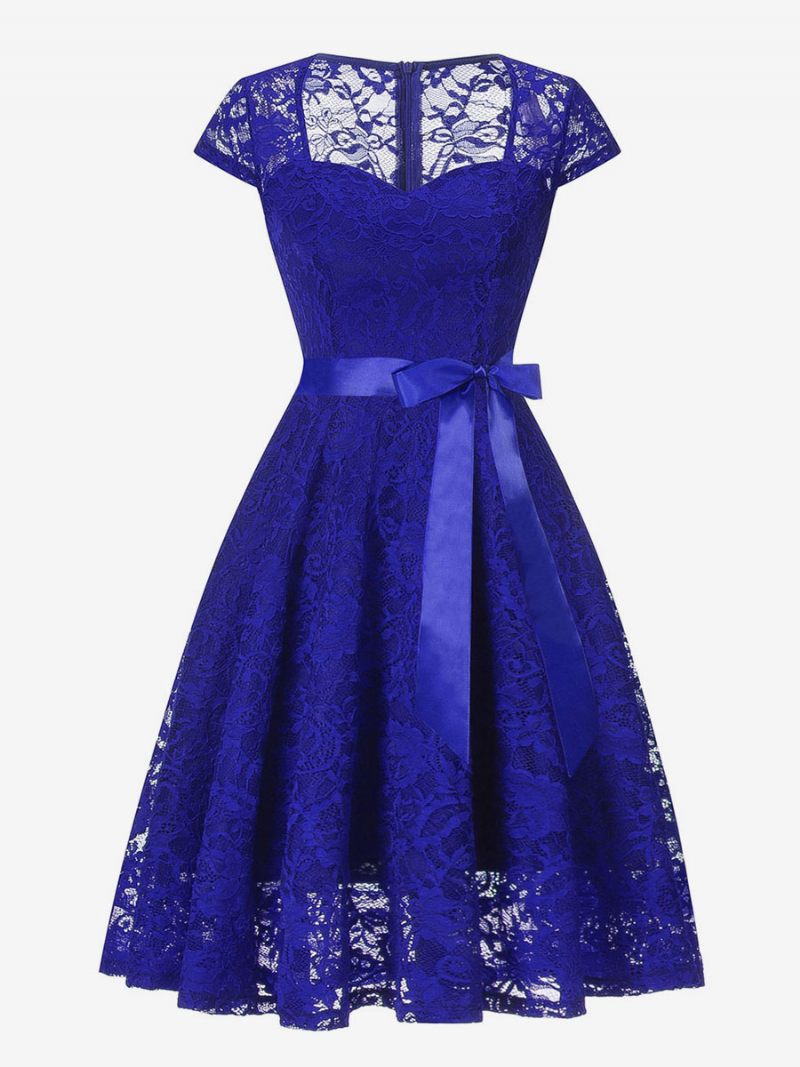 Robe Dentelle Pour Femmes Ceinture À Nœud Manches Courtes Plissée Balançoire Rétro Soirée Courte - Bleu