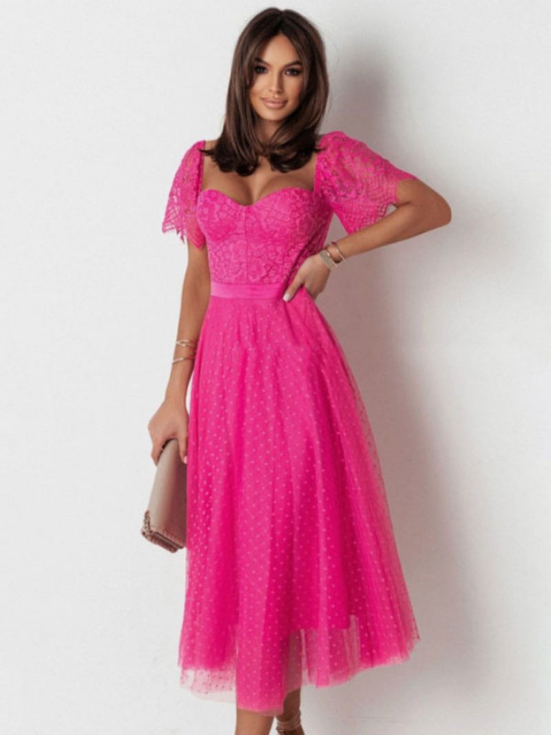 Robe Dentelle Pour Femmes Col Cœur Manches Courtes Robes Mi-longues Jour - Magenta