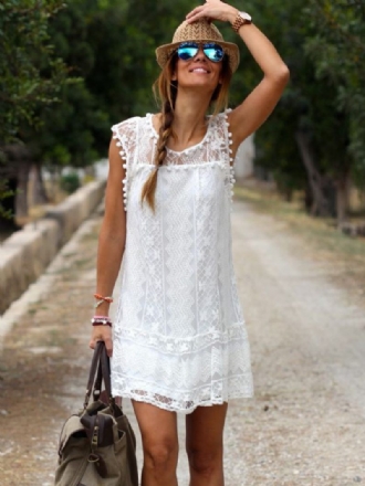 Robe D'été Courte Tunique Sans Manches Dentelle Blanche Pour Femmes