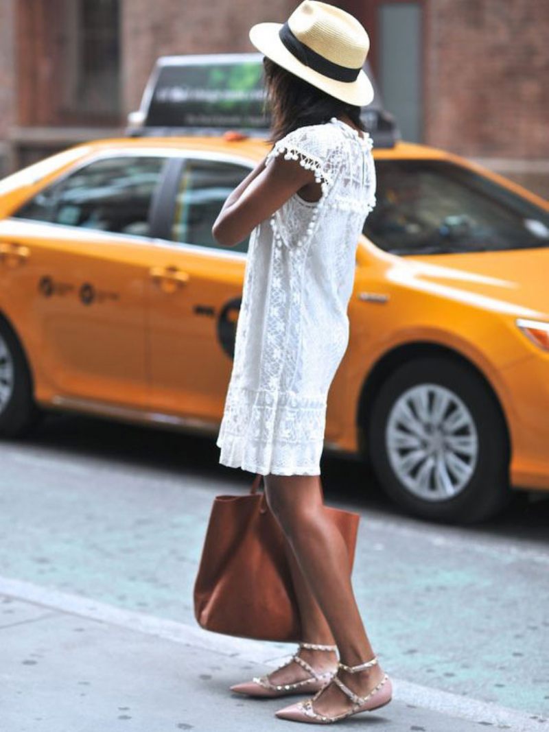 Robe D'été Courte Tunique Sans Manches Dentelle Blanche Pour Femmes - Blanc