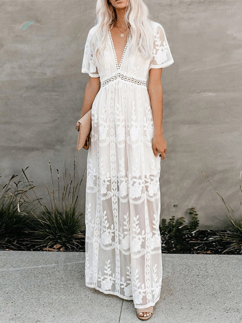 Robe Longue Blanche Dentelle Pour Femmes Sexy Col V Manches Courtes Style Boho Robes Maxi - Blanc