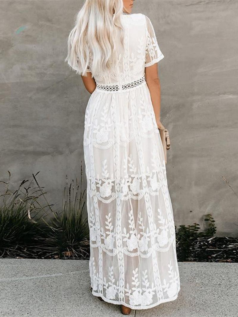 Robe Longue Blanche Dentelle Pour Femmes Sexy Col V Manches Courtes Style Boho Robes Maxi - Blanc