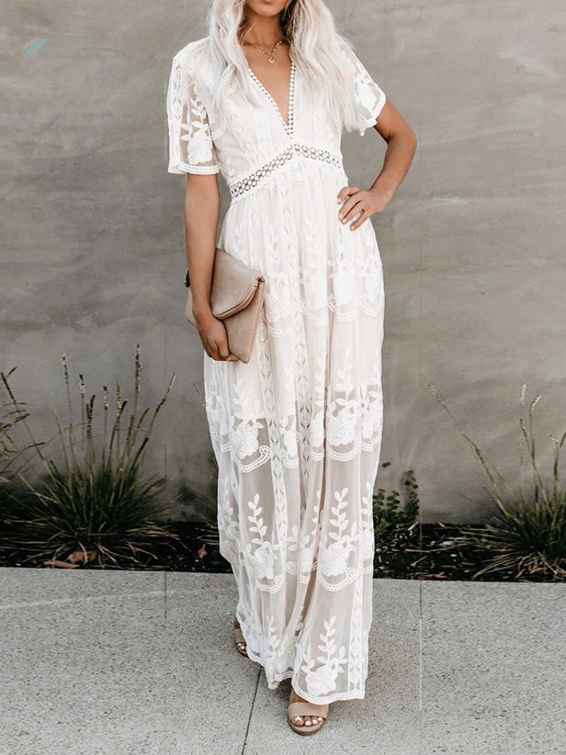 Robe Longue Blanche Dentelle Pour Femmes Sexy Col V Manches Courtes Style Boho Robes Maxi - Blanc