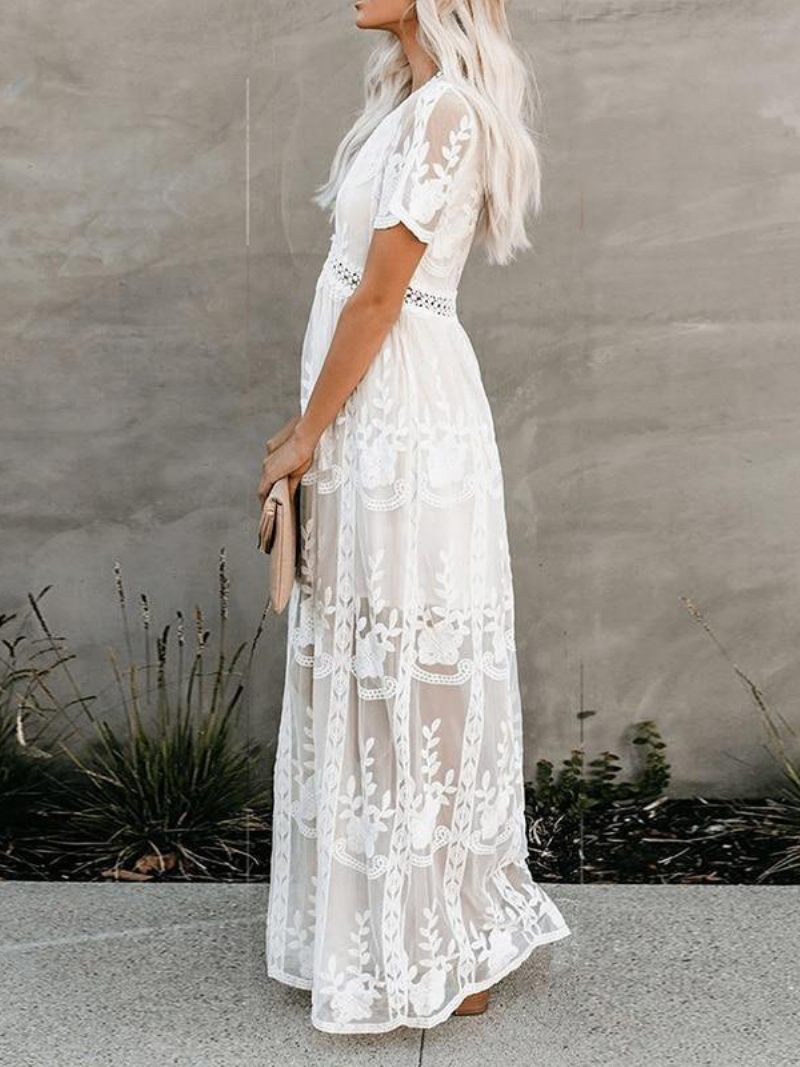 Robe Longue Blanche Dentelle Pour Femmes Sexy Col V Manches Courtes Style Boho Robes Maxi - Blanc