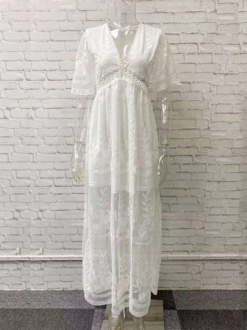 Robe Longue Blanche Dentelle Pour Femmes Sexy Col V Manches Courtes Style Boho Robes Maxi - Blanc